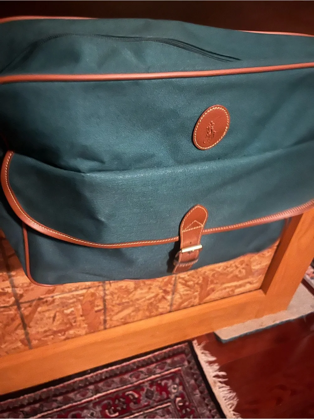 Teal Canvas Messenger Bag with Brown Leather Trim